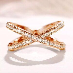 NEW 18k Rose Gold Diamond Ring Band Criss Cross Ring